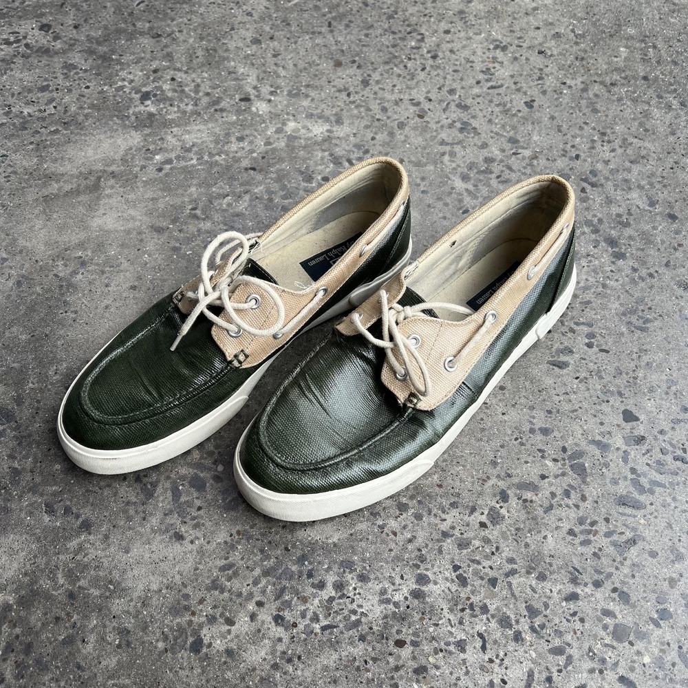 Polo Ralph Lauren Lander‎ Shoes Mens Size 11D Green Tan Coated Canvas Boat Deck